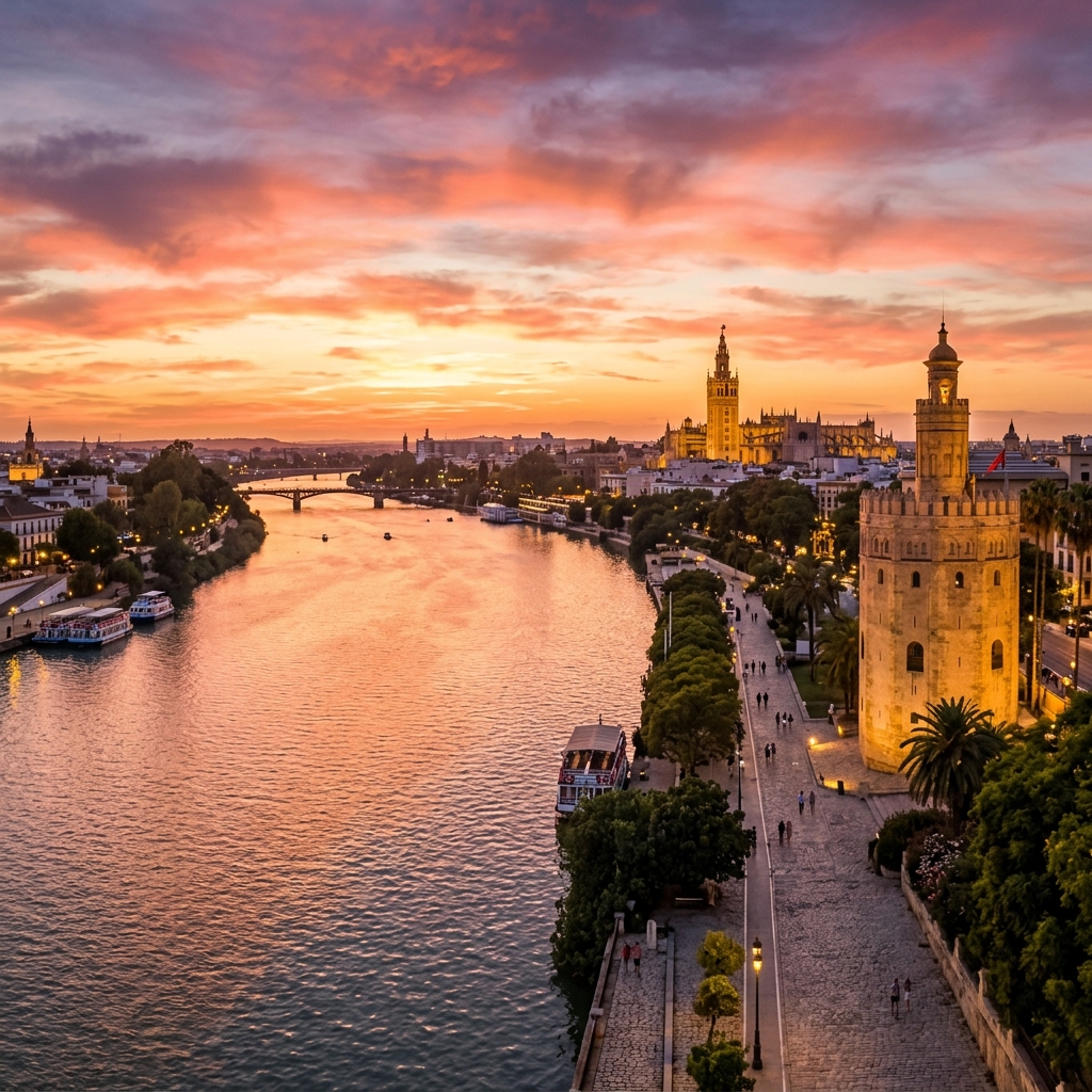 Atardecer en Sevilla con la Giralda y la Torre del Oro